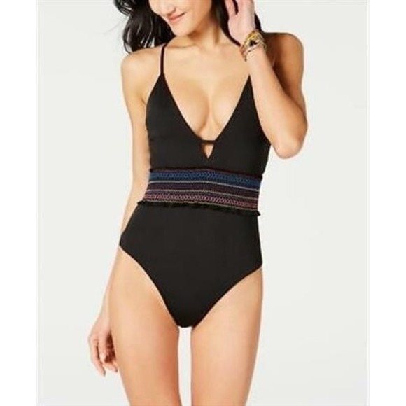 Bar III Other - NWOT Bar III S Smocked Black Deep V 1PC Swimsuit 130804